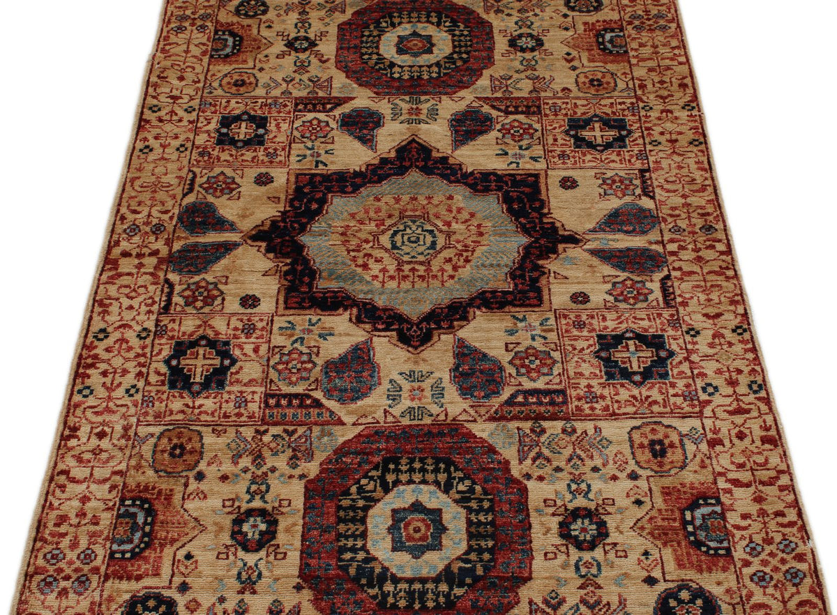 3x5 Ivory and Multicolor Turkish Tribal Rug