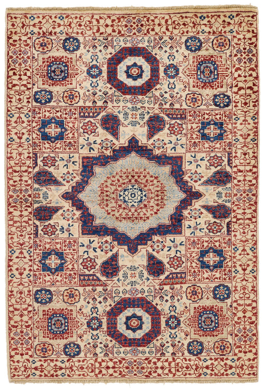 3x5 Ivory and Multicolor Turkish Tribal Rug