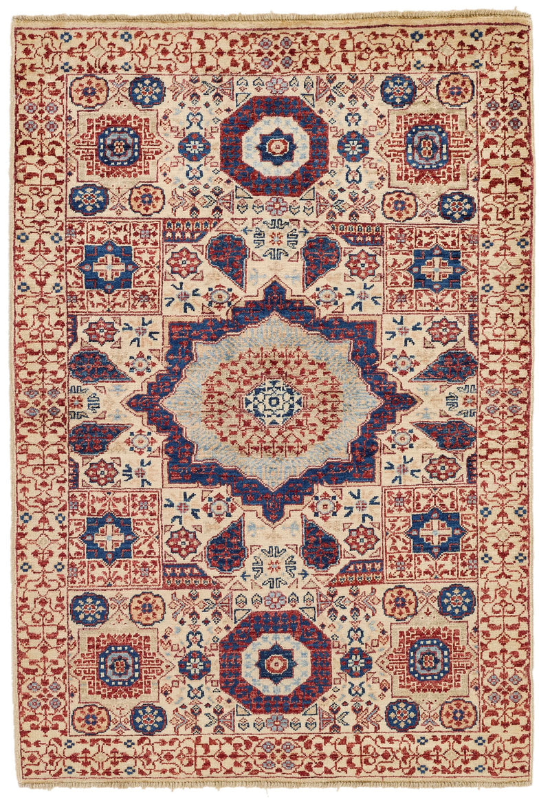 3x5 Ivory and Multicolor Turkish Tribal Rug