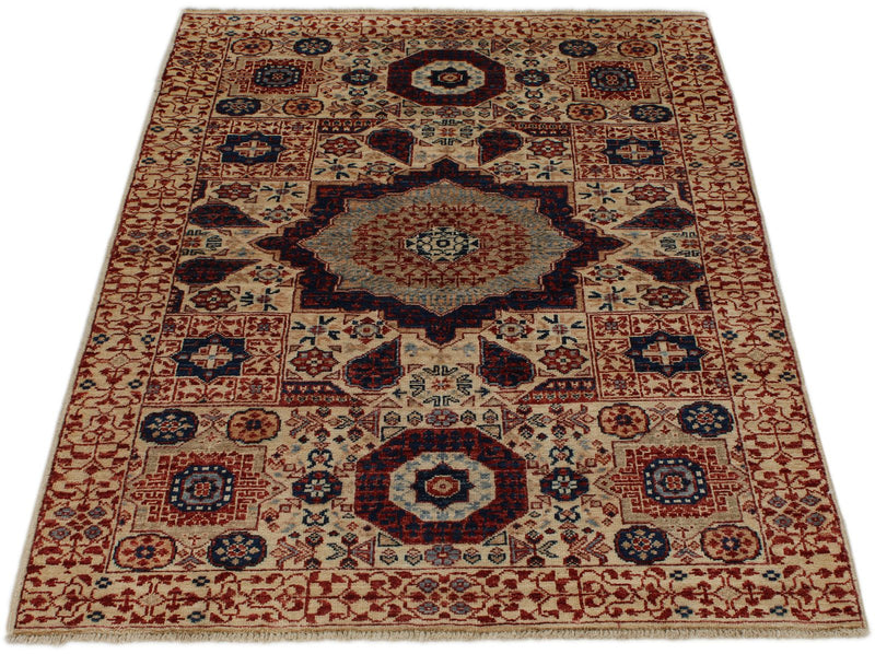 3x5 Ivory and Multicolor Turkish Tribal Rug