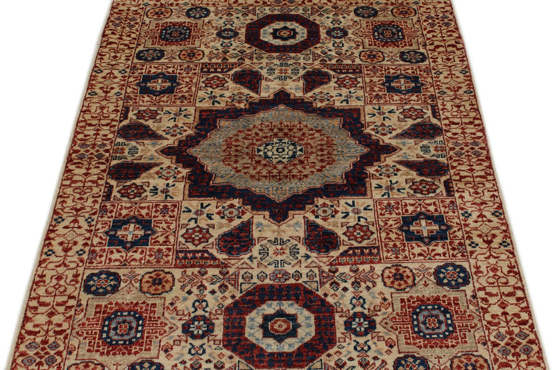 3x5 Ivory and Multicolor Turkish Tribal Rug