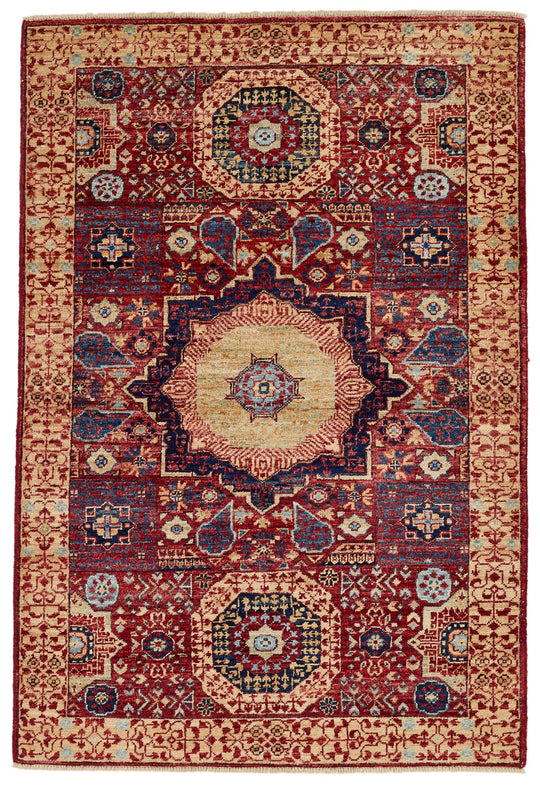 3x5 Burgundy and Ivory Turkish Tribal Rug