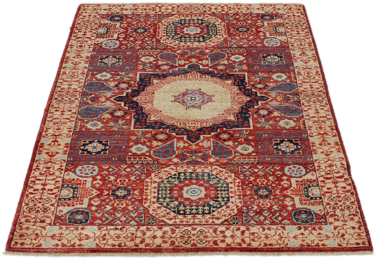 3x5 Burgundy and Ivory Turkish Tribal Rug