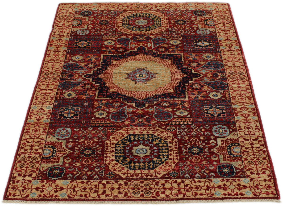 3x5 Burgundy and Ivory Turkish Tribal Rug