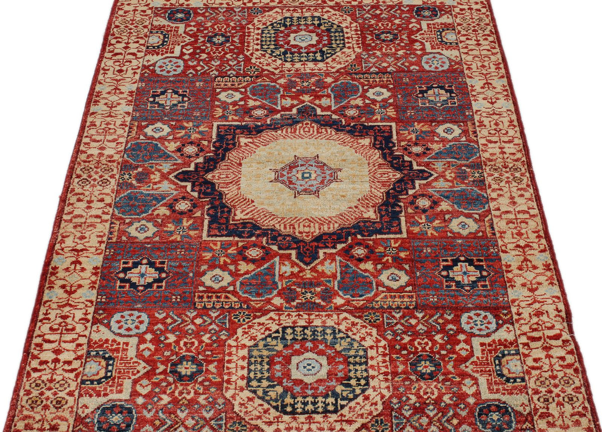 3x5 Burgundy and Ivory Turkish Tribal Rug
