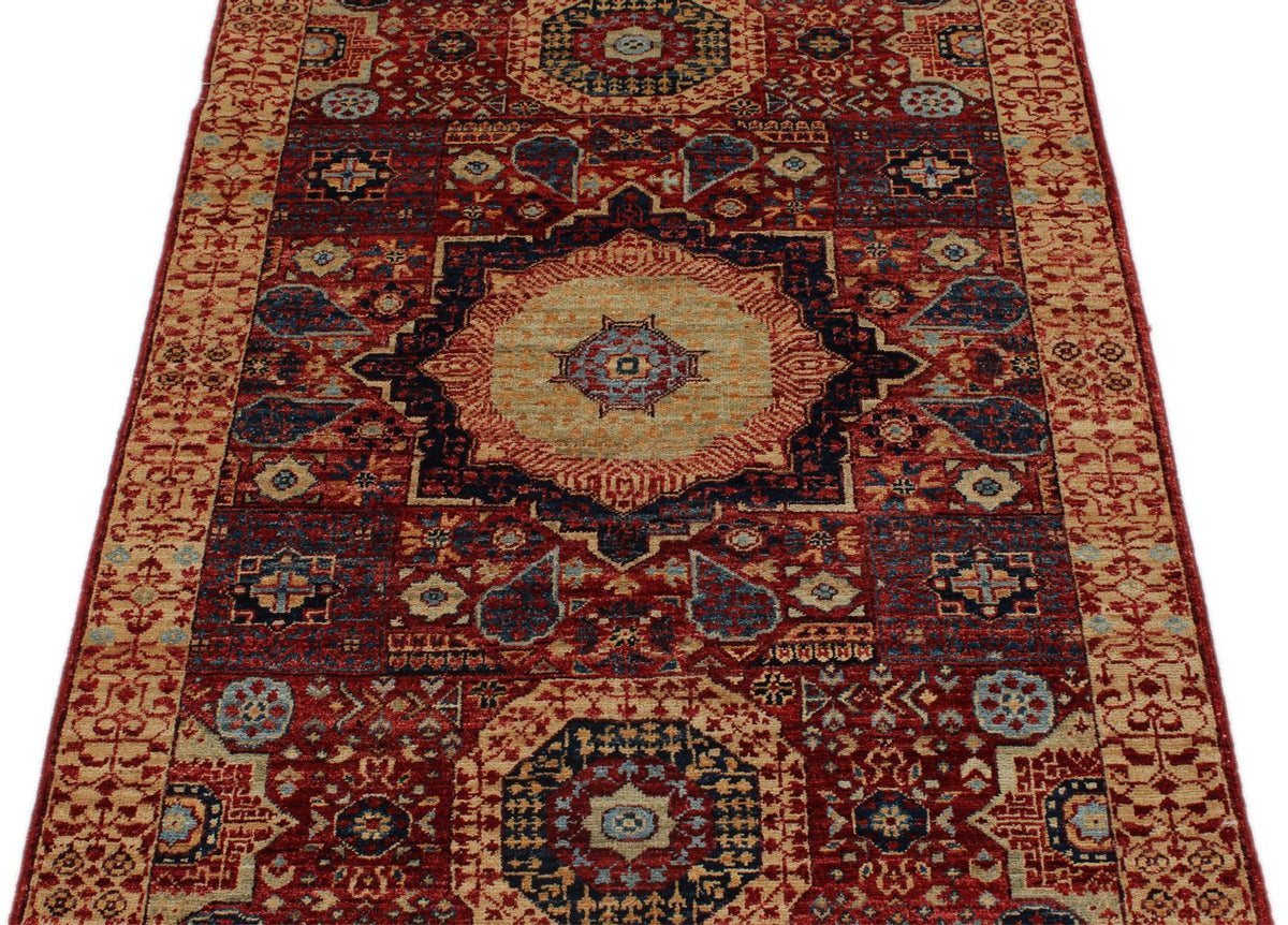 3x5 Burgundy and Ivory Turkish Tribal Rug
