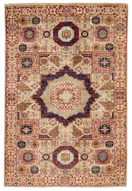3x5 Ivory and Multicolor Turkish Tribal Rug