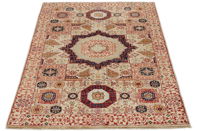 3x5 Ivory and Multicolor Turkish Tribal Rug