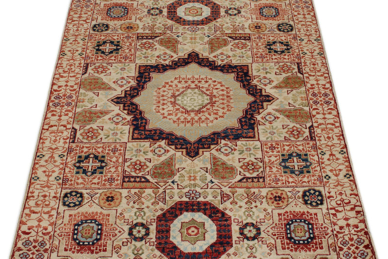 3x5 Ivory and Multicolor Turkish Tribal Rug