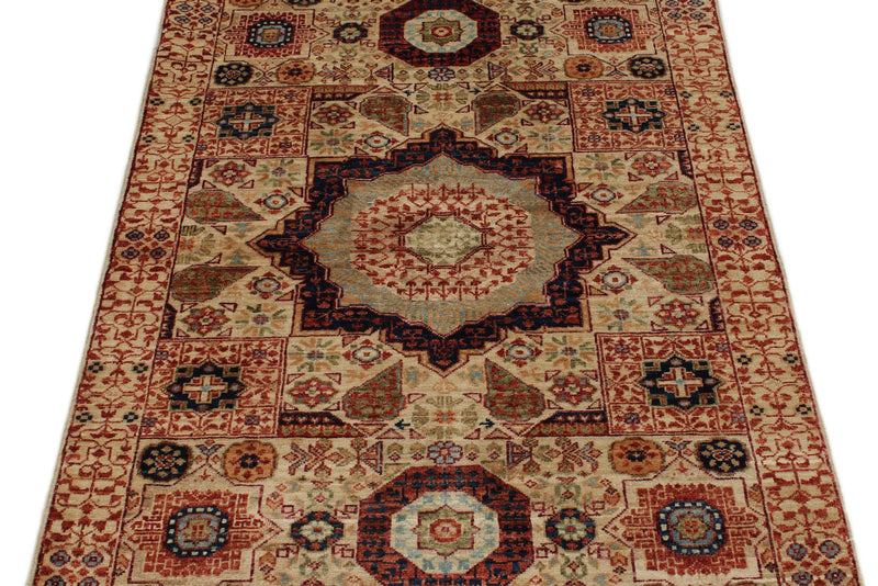3x5 Ivory and Multicolor Turkish Tribal Rug