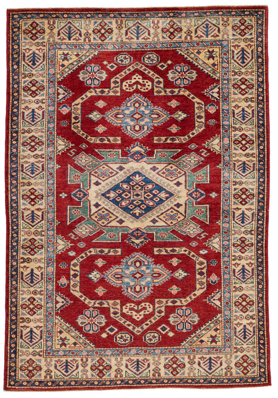4x6 Red and Ivory Kazak Tribal Rug