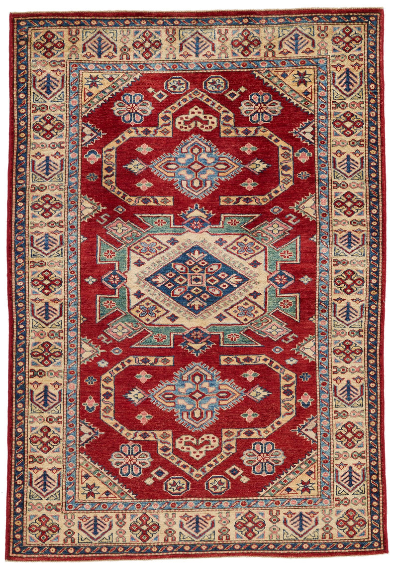 4x6 Red and Ivory Kazak Tribal Rug