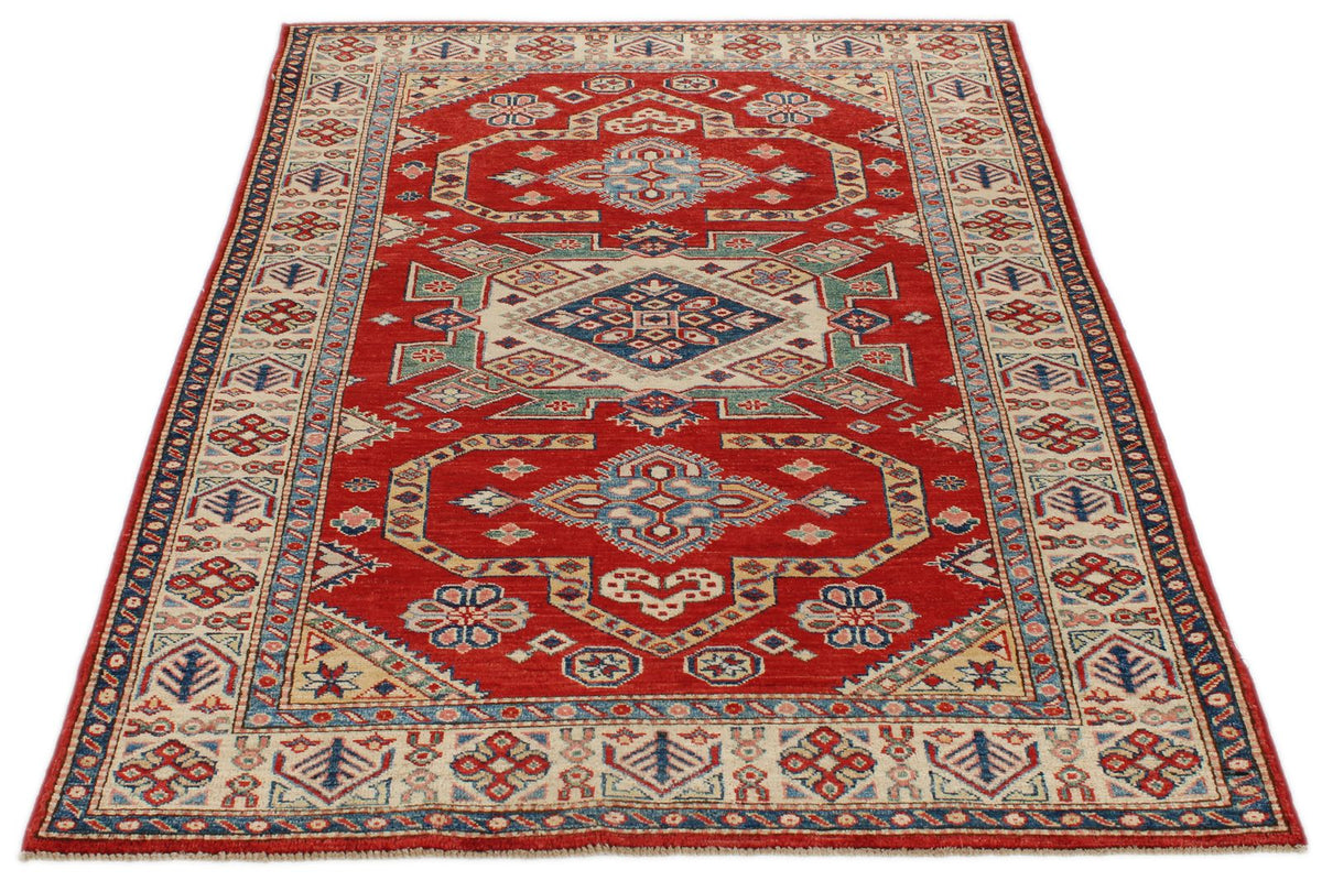 4x6 Red and Ivory Kazak Tribal Rug