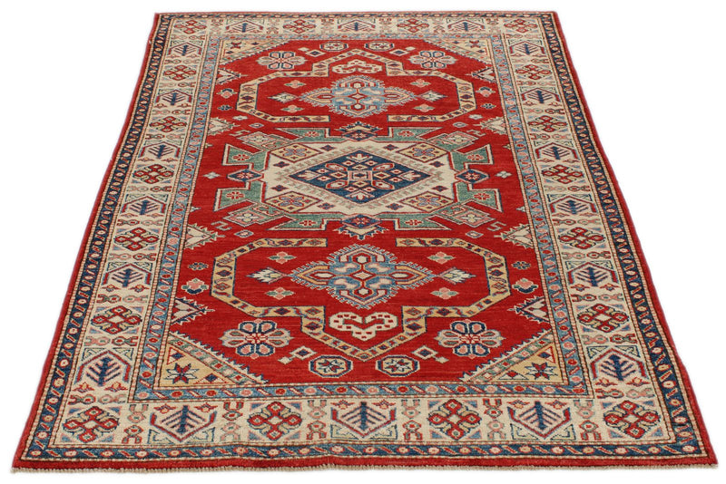 4x6 Red and Ivory Kazak Tribal Rug