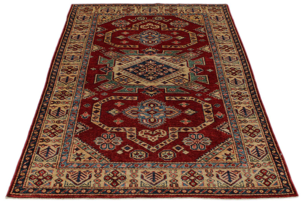 4x6 Red and Ivory Kazak Tribal Rug