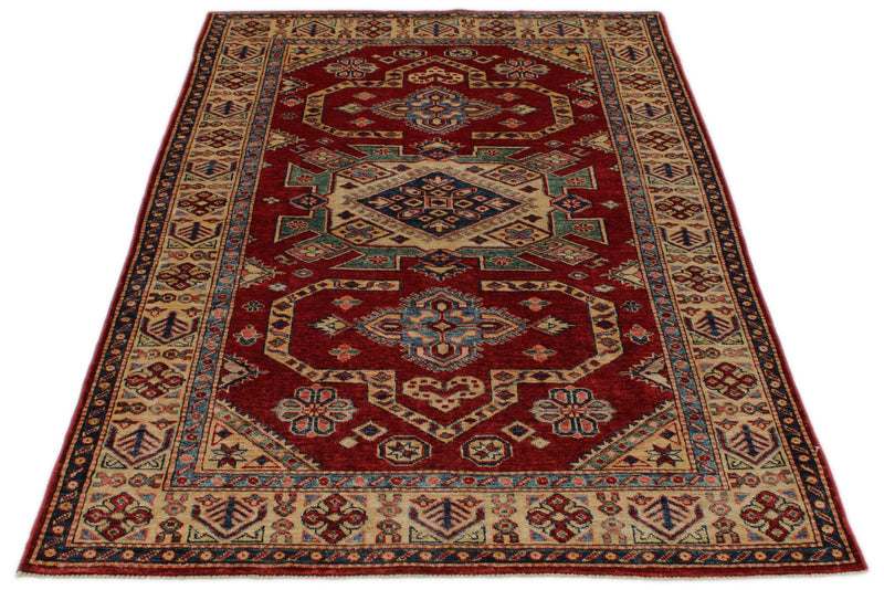 4x6 Red and Ivory Kazak Tribal Rug