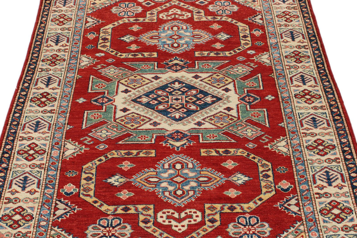 4x6 Red and Ivory Kazak Tribal Rug