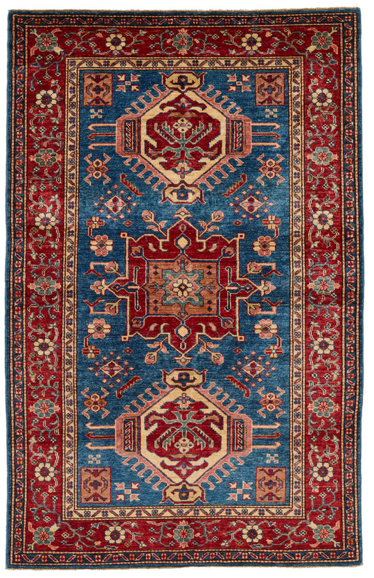 4x6 Red and Blue Kazak Tribal Rug