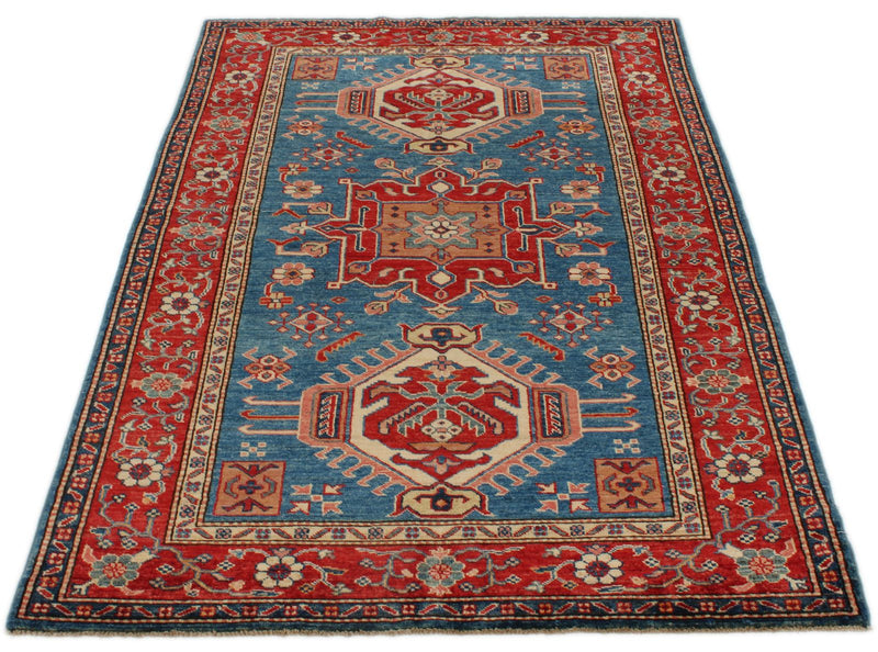 4x6 Red and Blue Kazak Tribal Rug