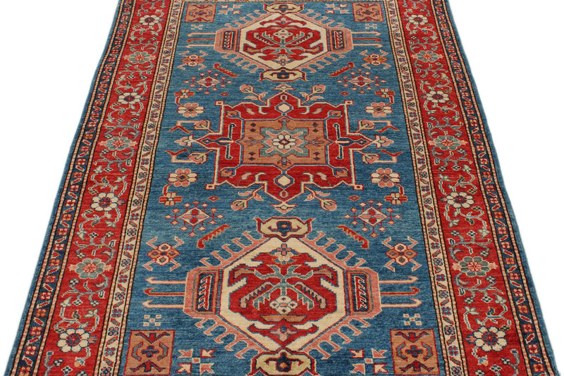 4x6 Red and Blue Kazak Tribal Rug