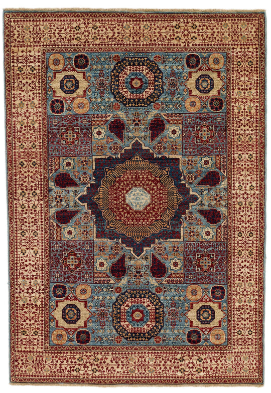4x6 Blue and Ivory Turkish Tribal Rug