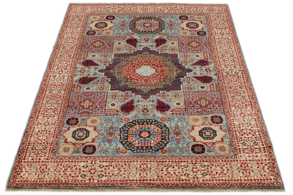 4x6 Blue and Ivory Turkish Tribal Rug
