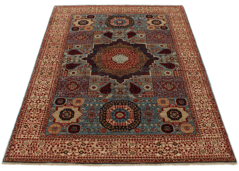 4x6 Blue and Ivory Turkish Tribal Rug
