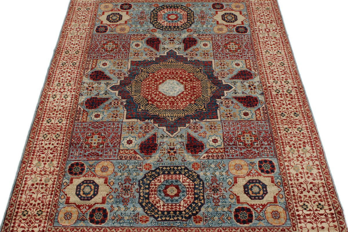 4x6 Blue and Ivory Turkish Tribal Rug
