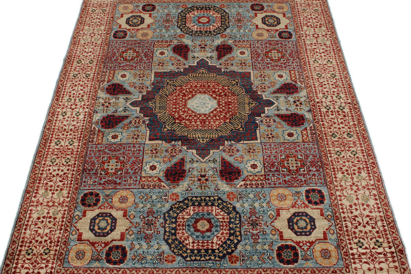 4x6 Blue and Ivory Turkish Tribal Rug