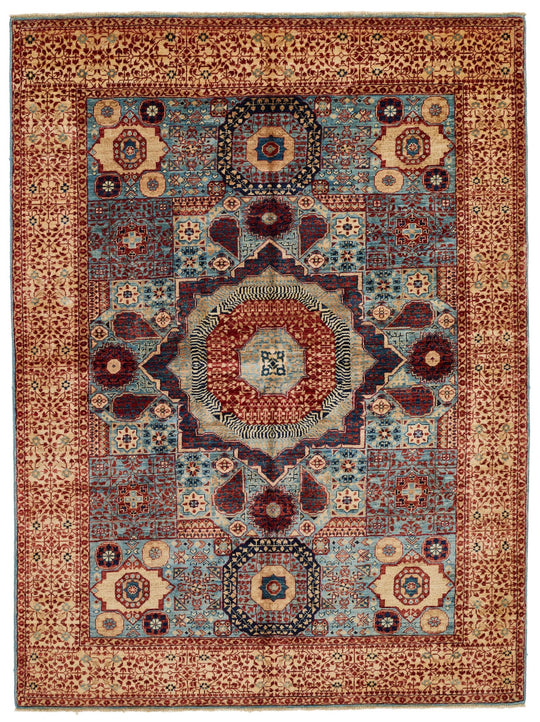 5x7 Light Blue and Ivory Turkish Tribal Rug