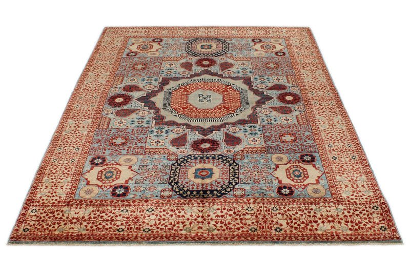 5x7 Light Blue and Ivory Turkish Tribal Rug