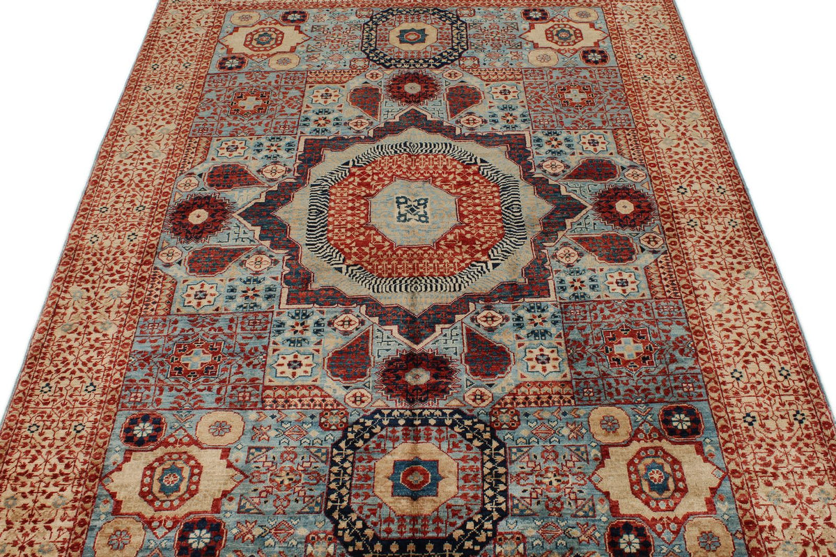 5x7 Light Blue and Ivory Turkish Tribal Rug