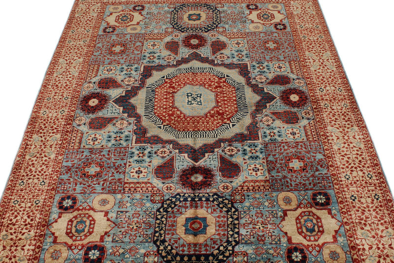 5x7 Light Blue and Ivory Turkish Tribal Rug
