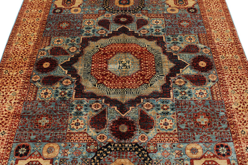 5x7 Light Blue and Ivory Turkish Tribal Rug