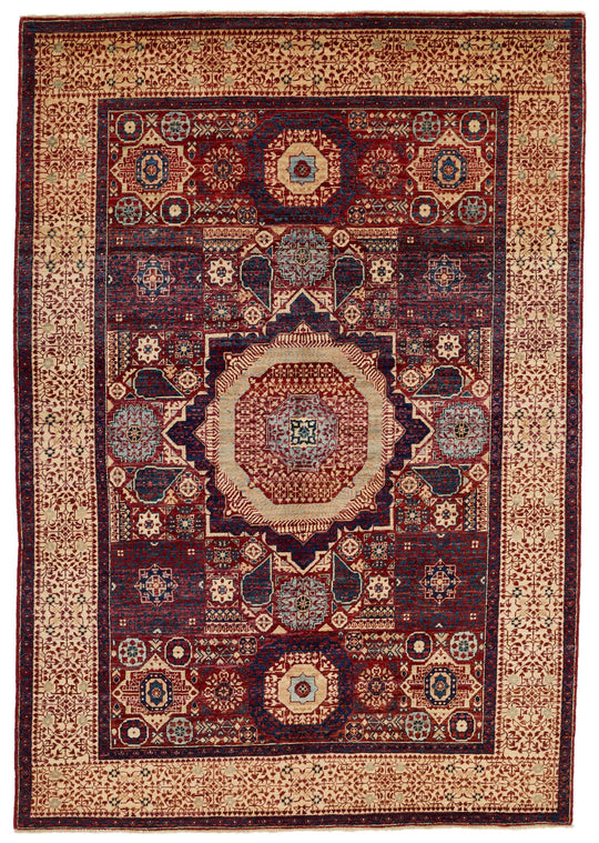 5x7 Burgundy and Ivory Turkish Tribal Rug