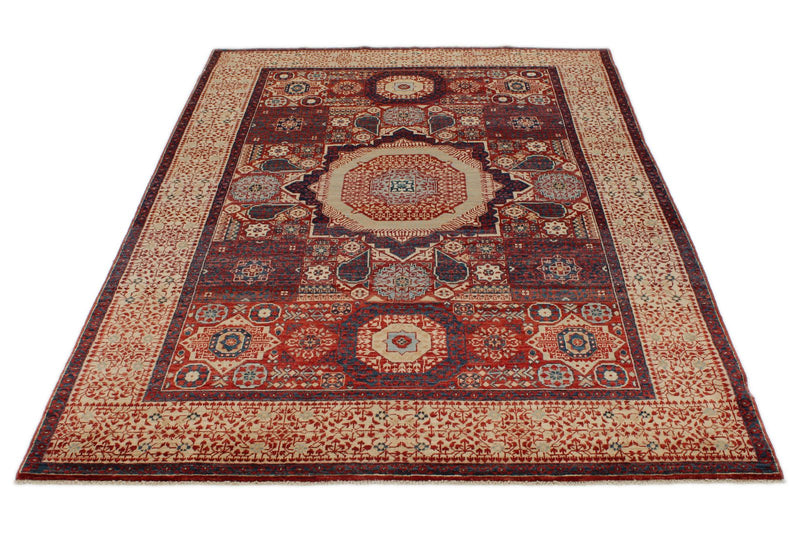 5x7 Burgundy and Ivory Turkish Tribal Rug