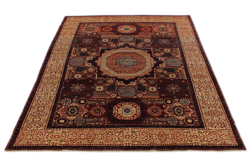 5x7 Burgundy and Ivory Turkish Tribal Rug