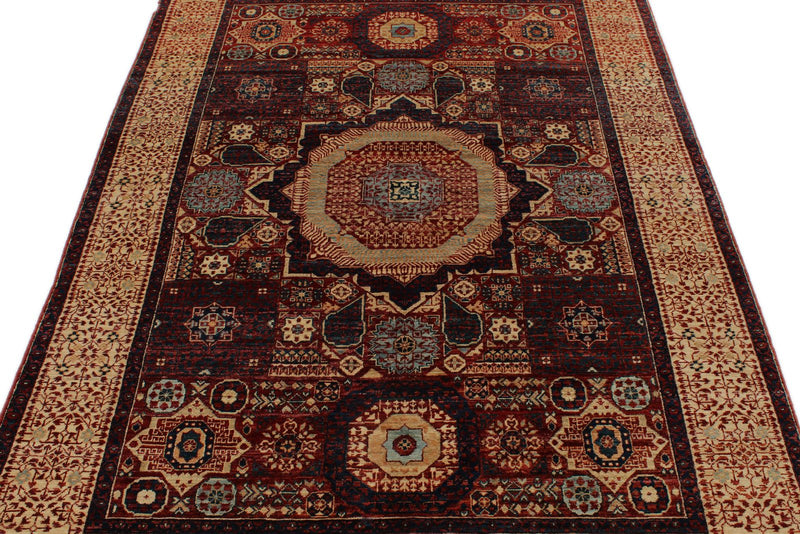 5x7 Burgundy and Ivory Turkish Tribal Rug
