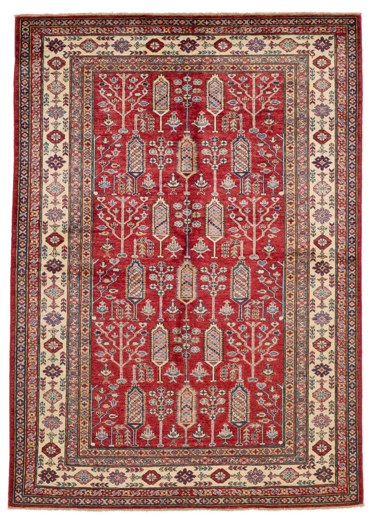 5x7 Red and Ivory Kazak Tribal Rug