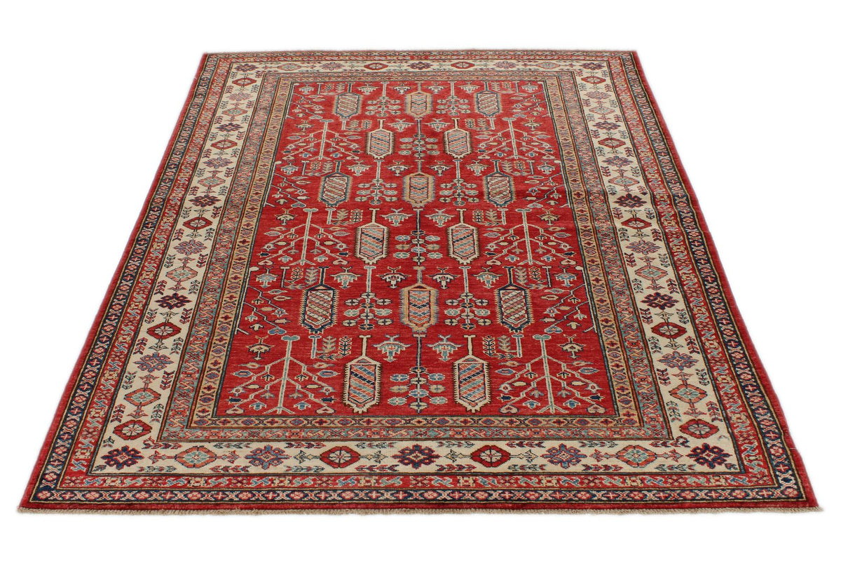 5x7 Red and Ivory Kazak Tribal Rug