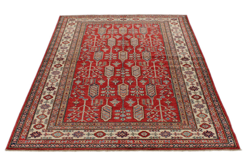 5x7 Red and Ivory Kazak Tribal Rug