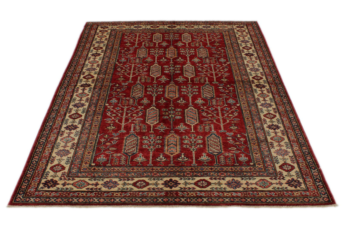 5x7 Red and Ivory Kazak Tribal Rug