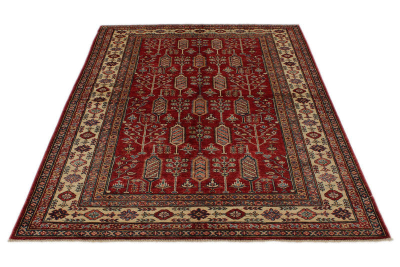 5x7 Red and Ivory Kazak Tribal Rug