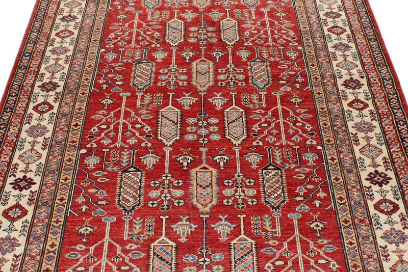 5x7 Red and Ivory Kazak Tribal Rug
