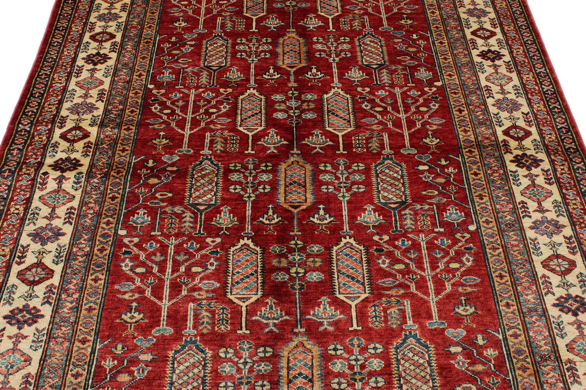 5x7 Red and Ivory Kazak Tribal Rug