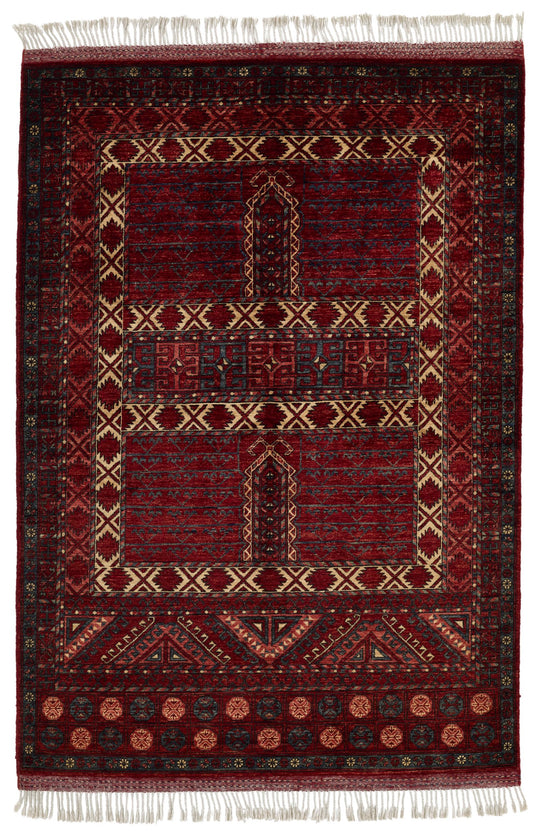 5x7 Ivory and Burgundy Turkish Tribal Rug
