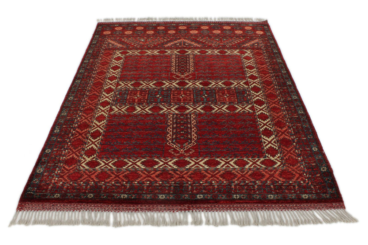 5x7 Ivory and Burgundy Turkish Tribal Rug