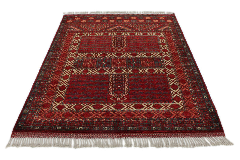 5x7 Ivory and Burgundy Turkish Tribal Rug