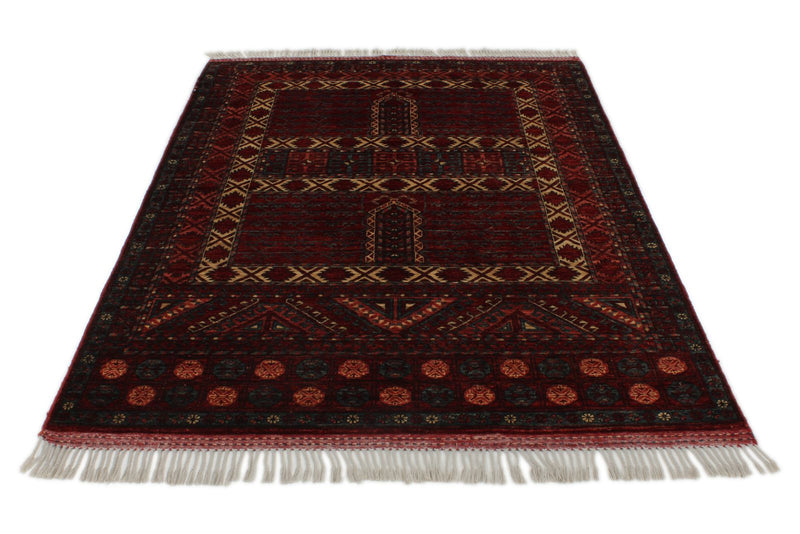 5x7 Ivory and Burgundy Turkish Tribal Rug