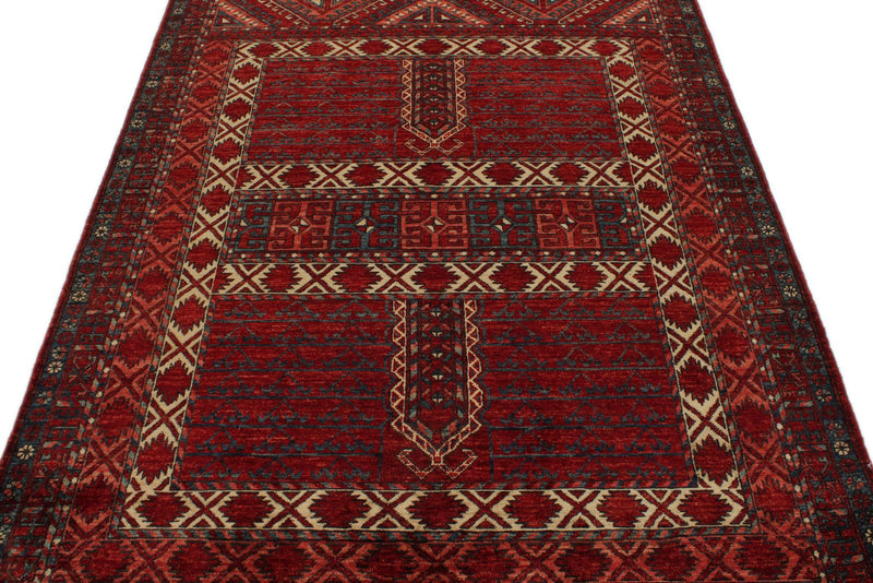 5x7 Ivory and Burgundy Turkish Tribal Rug